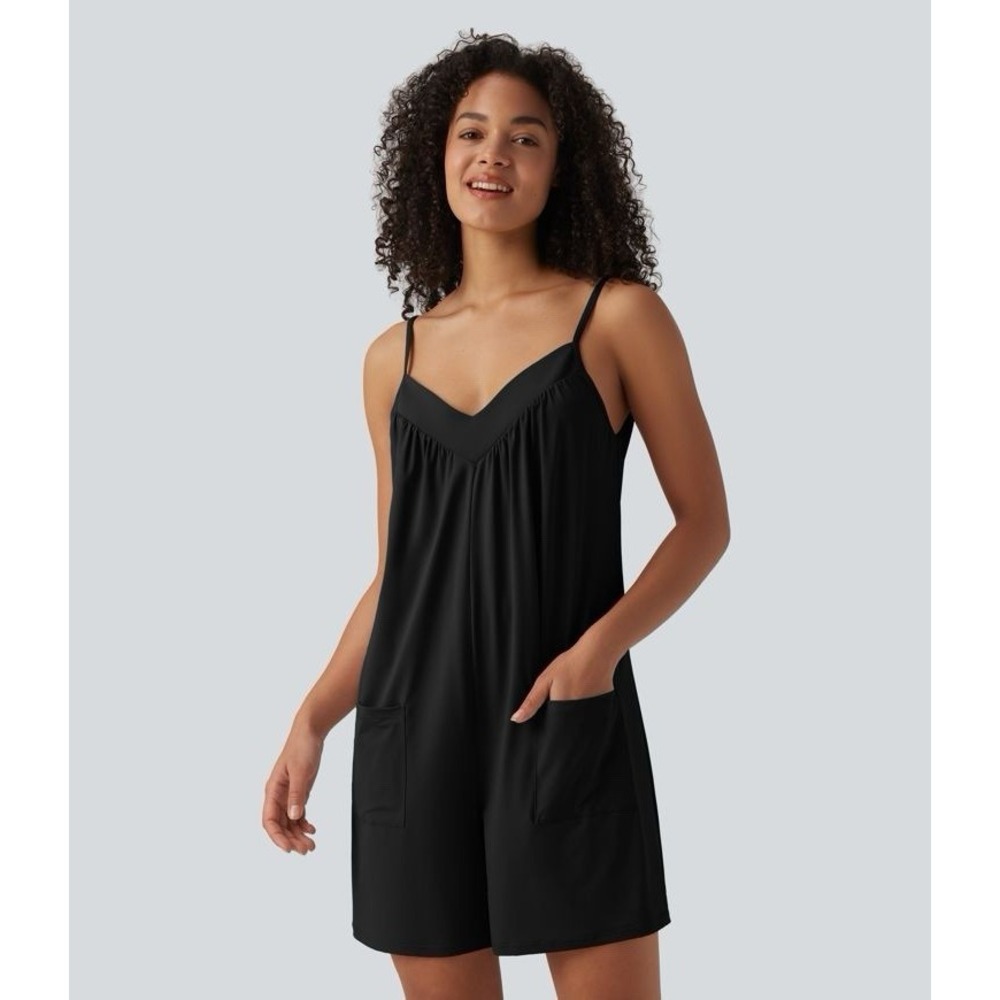 NWT Halara V-Neck Casual Slip Romper with Pockets - Black (Size XL)
